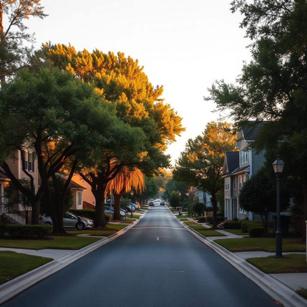 Tree-lined Georgia neighborhood street at golden hour
