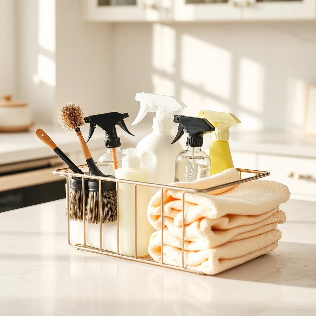 Professional cleaning caddy with brushes, sprays, and folded microfiber cloths